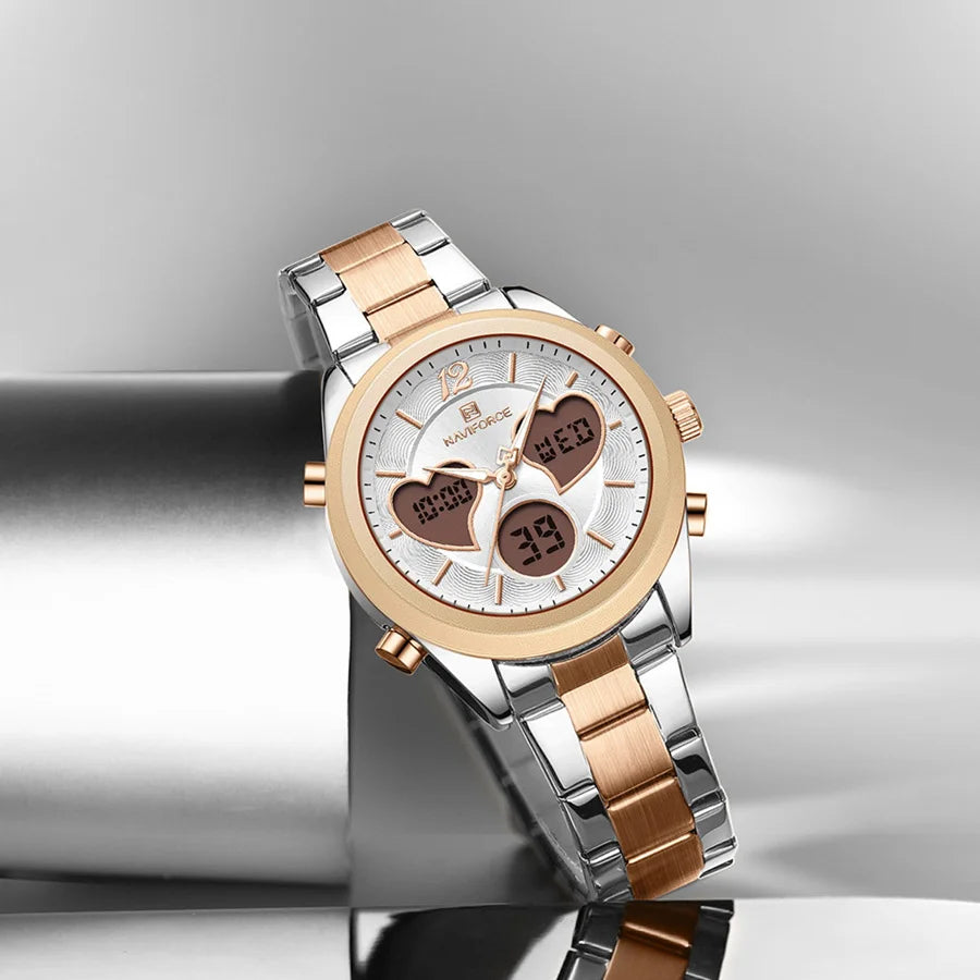 NAVIFORCE Women's Quartz Watch  3ATM Waterproof Stainless Steel Strap Double-display Electronic Women's Watch Multifunctional