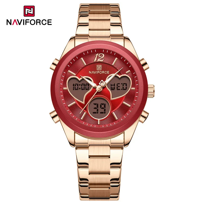 NAVIFORCE Women's Quartz Watch  3ATM Waterproof Stainless Steel Strap Double-display Electronic Women's Watch Multifunctional