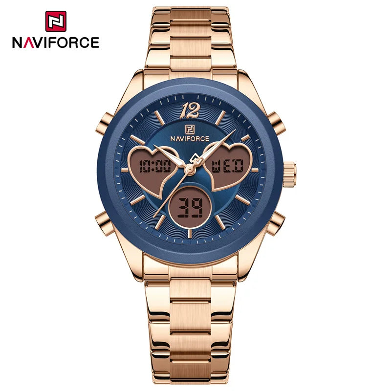 NAVIFORCE Women's Quartz Watch  3ATM Waterproof Stainless Steel Strap Double-display Electronic Women's Watch Multifunctional