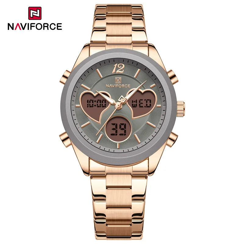 NAVIFORCE Women's Quartz Watch  3ATM Waterproof Stainless Steel Strap Double-display Electronic Women's Watch Multifunctional