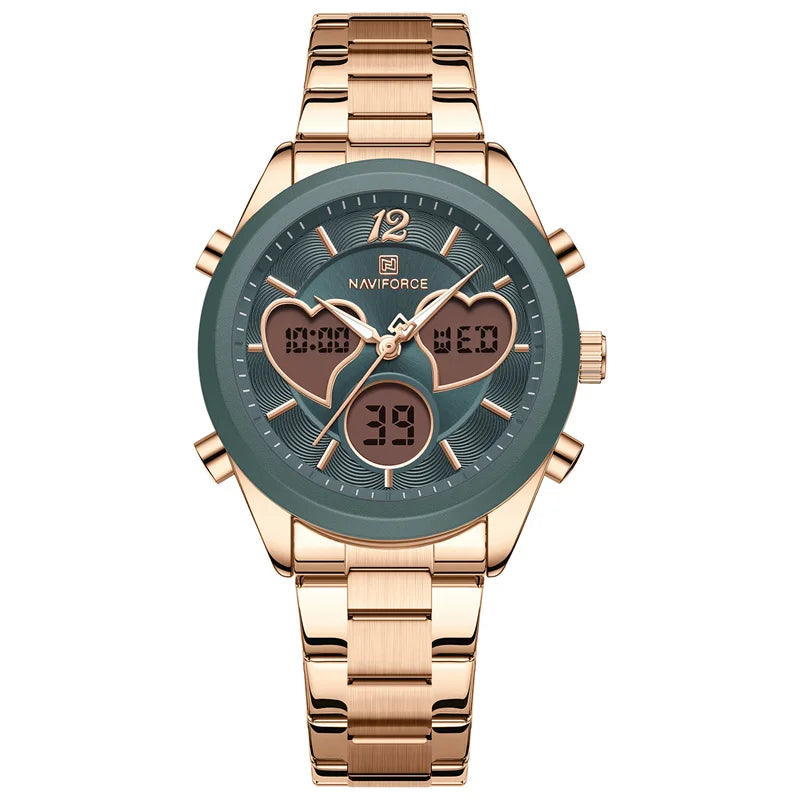 NAVIFORCE Women's Quartz Watch  3ATM Waterproof Stainless Steel Strap Double-display Electronic Women's Watch Multifunctional