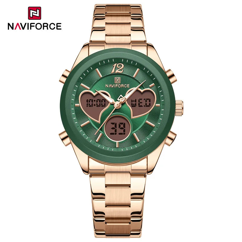 NAVIFORCE Women's Quartz Watch  3ATM Waterproof Stainless Steel Strap Double-display Electronic Women's Watch Multifunctional