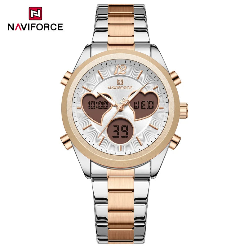 NAVIFORCE Women's Quartz Watch  3ATM Waterproof Stainless Steel Strap Double-display Electronic Women's Watch Multifunctional