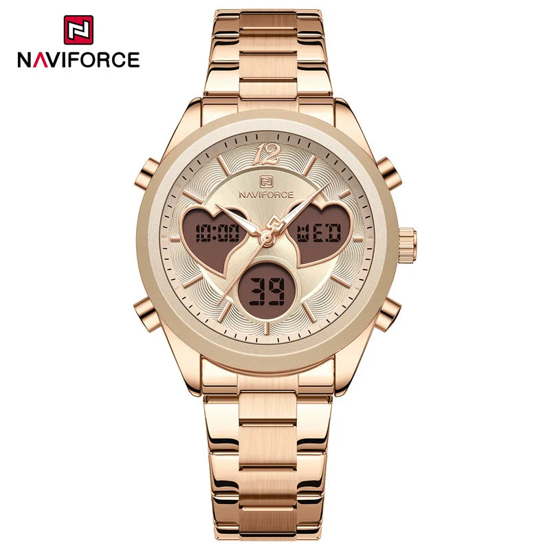 NAVIFORCE Women's Quartz Watch  3ATM Waterproof Stainless Steel Strap Double-display Electronic Women's Watch Multifunctional
