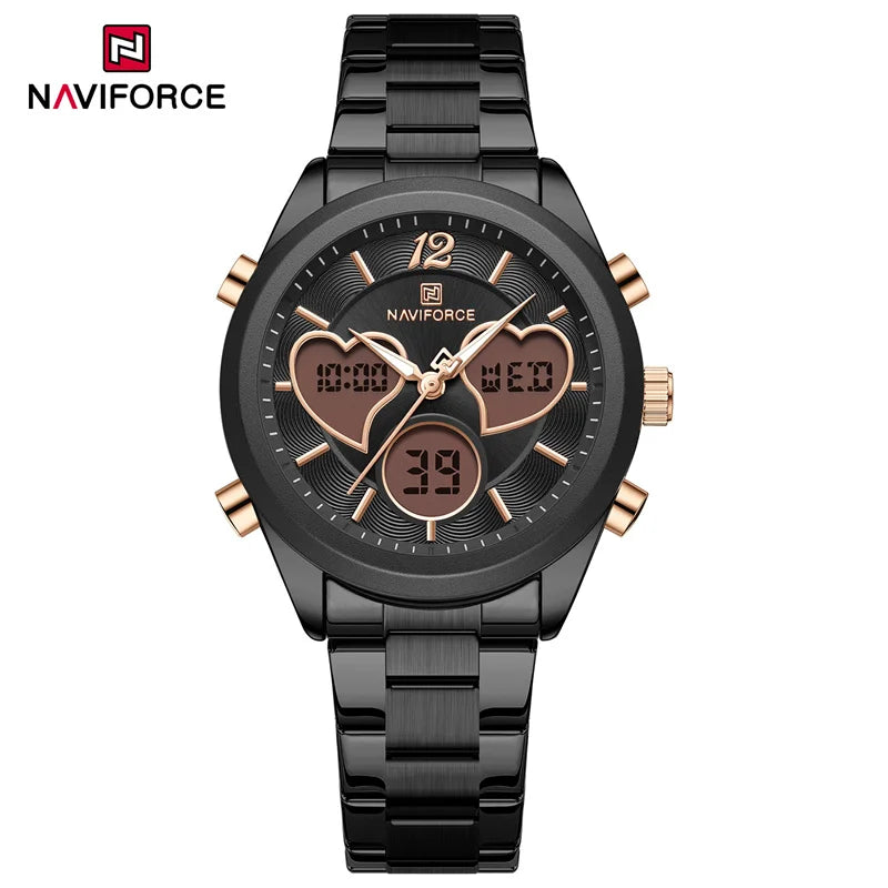 NAVIFORCE Women's Quartz Watch  3ATM Waterproof Stainless Steel Strap Double-display Electronic Women's Watch Multifunctional